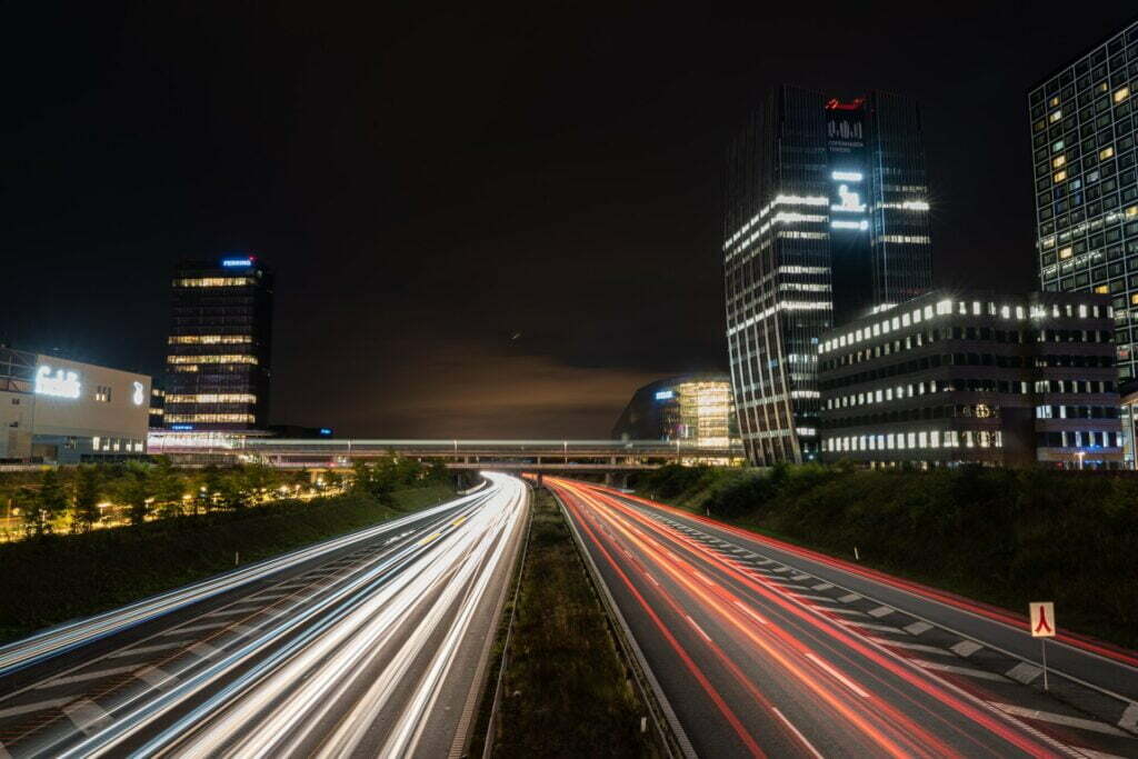 Lighttrails on the highway at Ørestad, Denmark