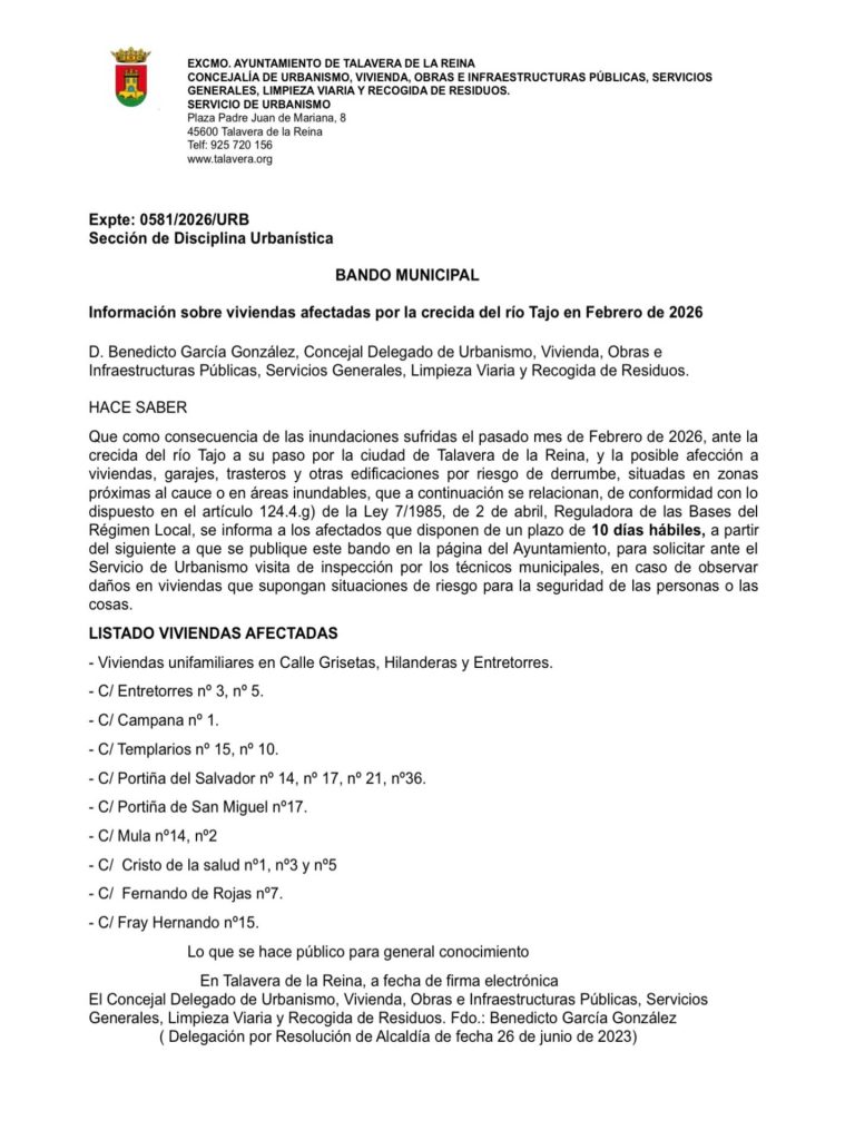 El Ayuntamiento de Talavera informa sobre viviendas afectadas por la crecida del Tajo en febrero de 2026
