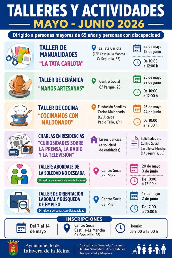 Programación de talleres para mayores y personas con discapacidad en Talavera