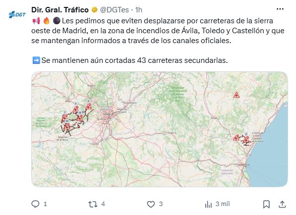 Incendios en el centro de España: el fuego arrasa ya cerca de 77.000 hectáreas y la DGT pide evitar estas carreteras de Toledo, Ávila, Madrid y Castellón