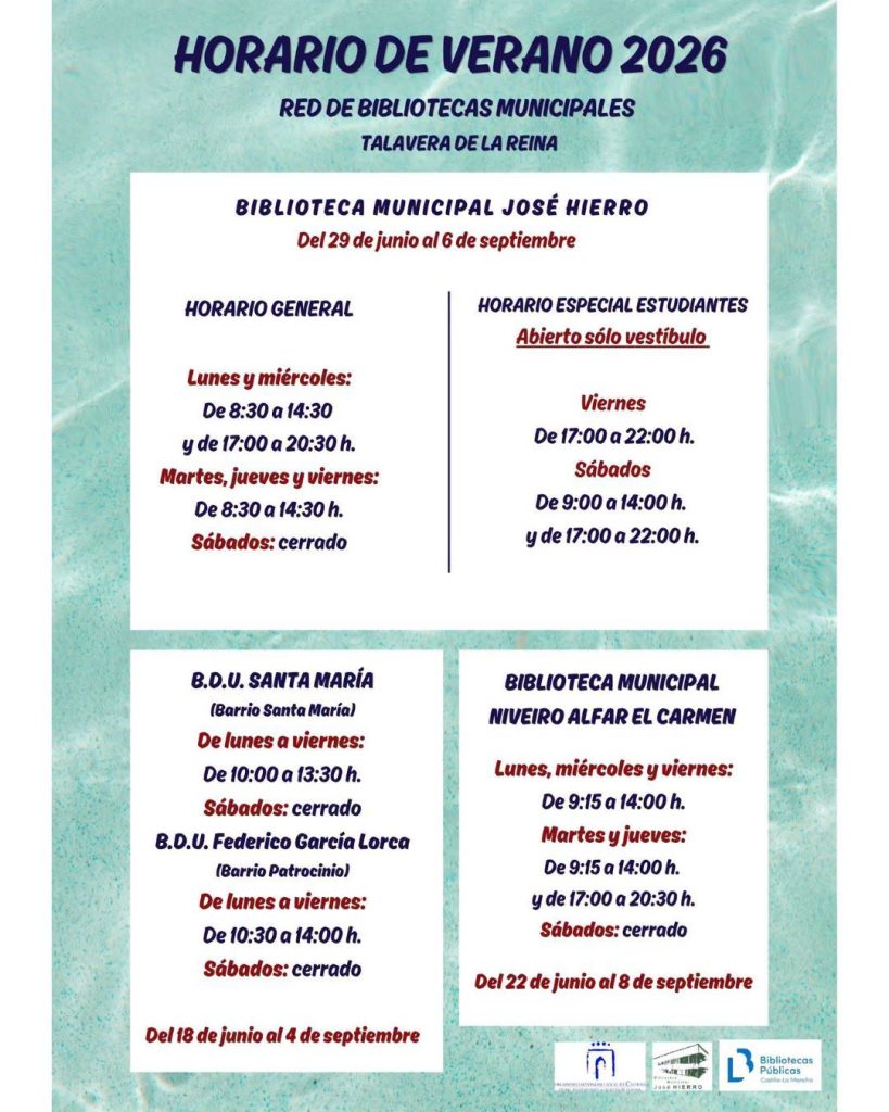 Horario de verano 2026 en las bibliotecas municipales de Talavera