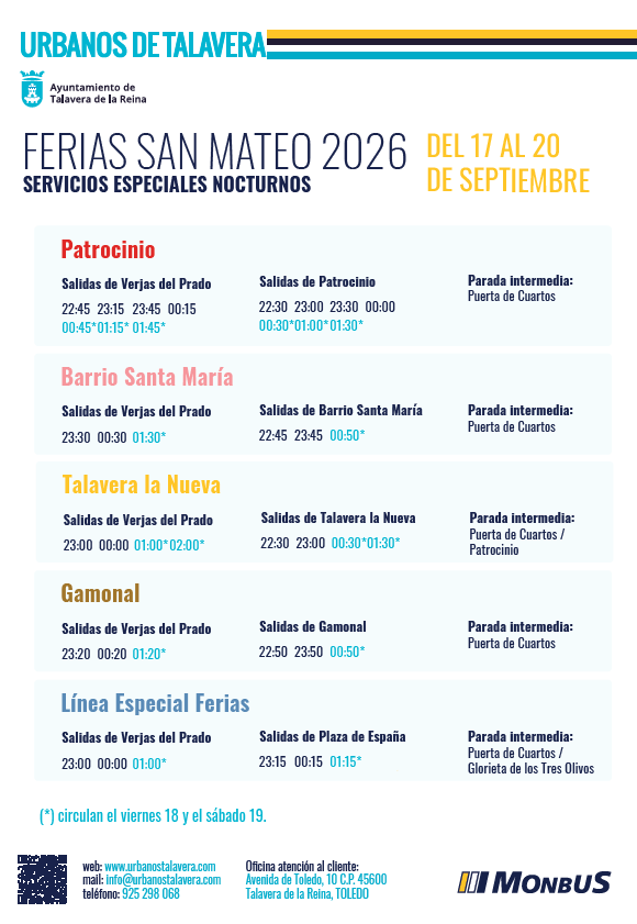 Ferias de San Mateo 2026: estos son los horarios de los autobuses nocturnos en Talavera