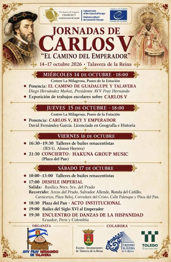 Cartel de las Jornadas de Carlos V 2026 en Talavera de la Reina con el programa de actividades del 14 al 17 de octubre.