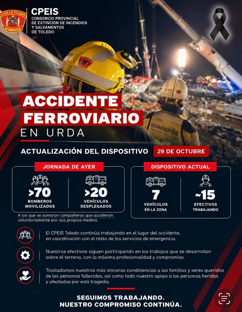 Accidente ferroviario en Urda: más de 70 bomberos movilizados en una jornada marcada por la tragedia