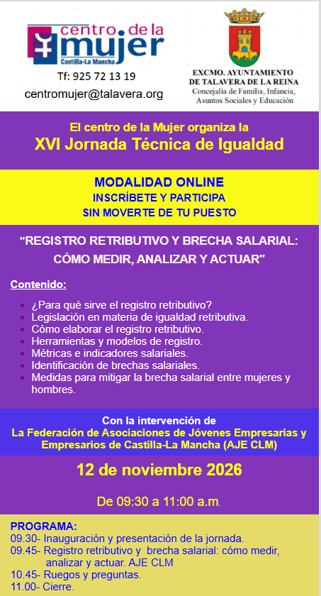 Talavera acogerá el 12 de noviembre la XVI Jornada Técnica de Igualdad centrada en la brecha salarial