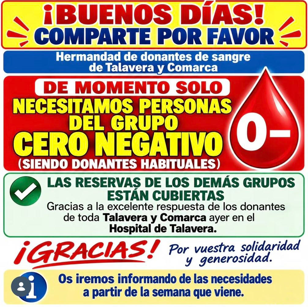 Talavera necesita donantes de sangre del grupo 0 negativo: llamamiento urgente a la solidaridad