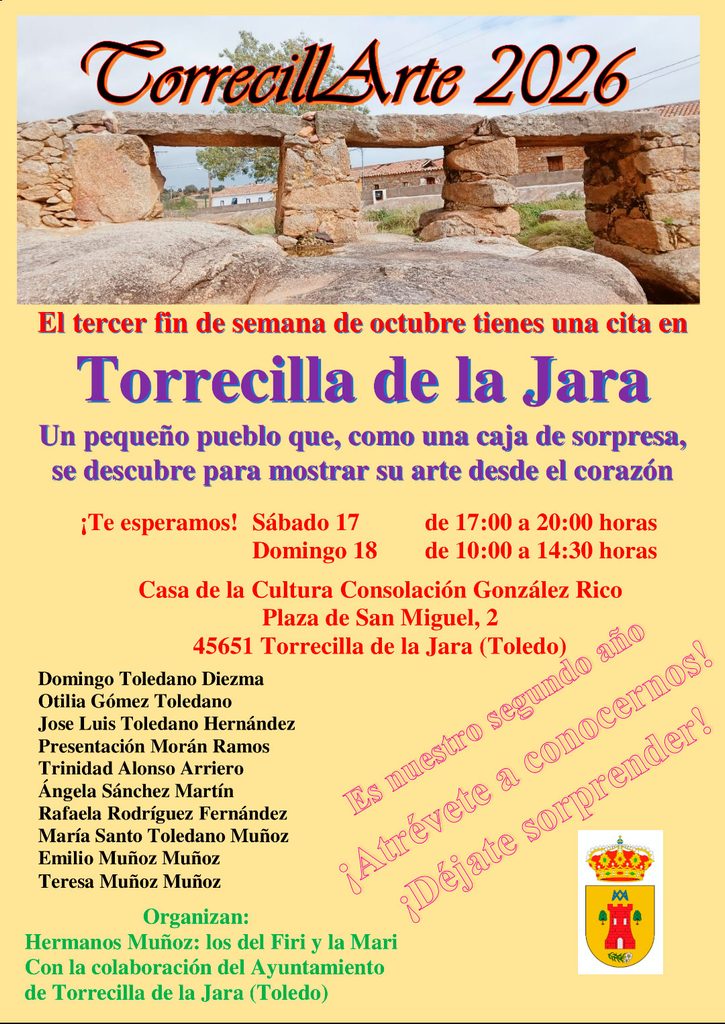 Cartel de TorrecillArte 2026 en Torrecilla de la Jara, Toledo, con fechas, horarios, participantes y ubicación del encuentro cultural.